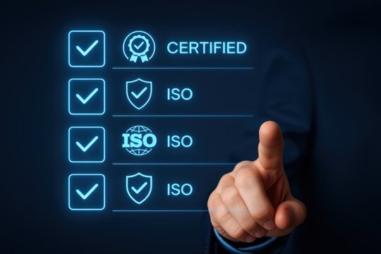 Hand pointing at a glowing checklist of certified iso standards.