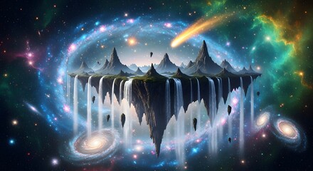 Floating Mountain Landscape Surrounded by Colorful Cosmic Space Scene