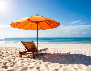 Fototapeta premium Idyllic beach scene with an orange parasol and a recliner on a sandy beach, ideal for summer getaway imagery and coastal living themes.