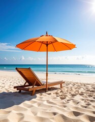 Fototapeta premium Idyllic beach scene with an orange parasol and a recliner on a sandy beach, ideal for summer getaway imagery and coastal living themes.