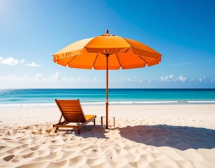 Idyllic beach scene with an orange parasol and a recliner on a sandy beach, ideal for summer getaway imagery and coastal living themes.