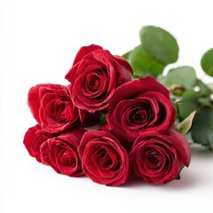 Obraz premium Stunning bouquet vibrant red roses, displayed against clean white backdrop, perfect expressing love, passion, romance. These beautiful blossoms symbolize affection make perfect gift.