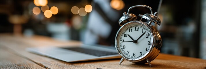 Elegant Vintage Alarm Clock on Wooden Table Next to Modern Laptop With Blurred Restaurant Background During Evening Hours