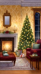 Holiday cheer and comfort: A warmly lit, inviting living room with a beautifully decorated christmas tree and fireplace, offering a cozy scene perfect for festive moments.