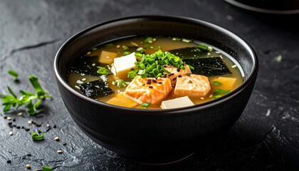 Tasty Miso Soup With Salmon On Black Rock