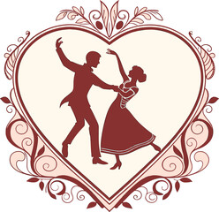 couple dancing silhouette inside heart design
