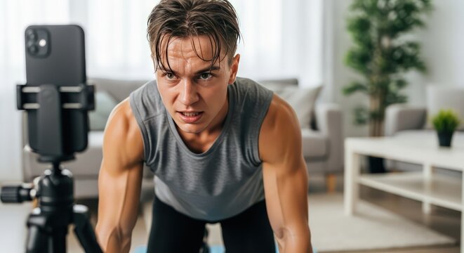 Sweaty Young Man Recording Home Workout with Smartphone on Tripod