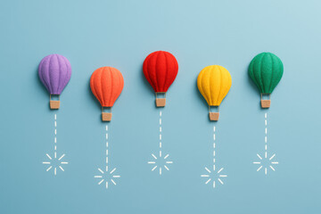 Five colorful miniature balloons float with bright colors like lavender coral crimson gold and emerald glowing with festive cheer
