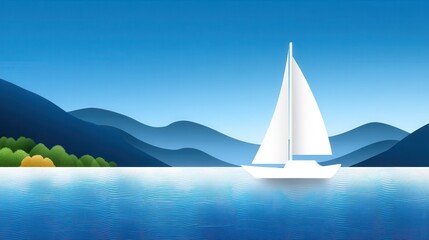 A serene sailboat gliding across a tranquil lake surrounded by mountains.