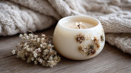 lit scented candle with dried flowers embedded in its wax sits on  wooden surface next to  soft knitted blanket