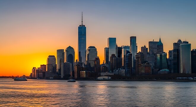 Scenic new york city skyline at sunrise with the freedom tower and skyscrapers along the water - Powered by Adobe
