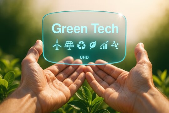 Hands holding a translucent display showing green tech icons.