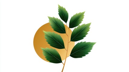 A vibrant green leaf branch set against a golden circular backdrop.