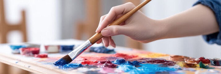 Naklejka premium Close up view of hand holding paintbrush applying blue paint on colorful palette, capturing creative artistic expression