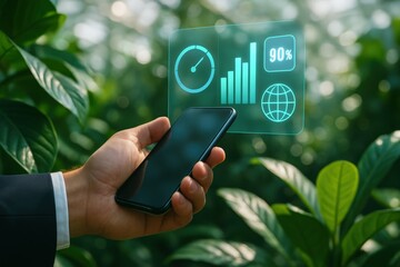 Smartphone displaying progress metrics in a greenhouse setting.