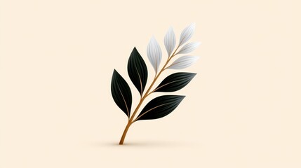 Stylized illustration of a plant branch with green and white leaves.