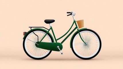 Stylish green bicycle with a basket against a soft peach backdrop.