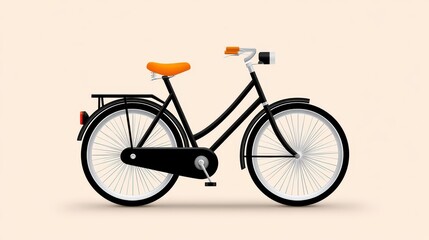 Stylish black bicycle with an orange seat and modern design on a light background.
