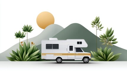 A retro-style camper van parked in a serene landscape with mountains and greenery.