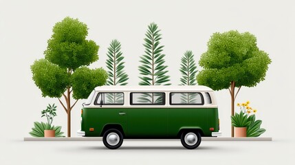 Vintage green van surrounded by lush greenery and potted plants.