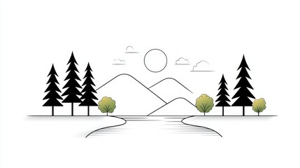 Minimalist black and white landscape with mountains, water, and stylized trees.
