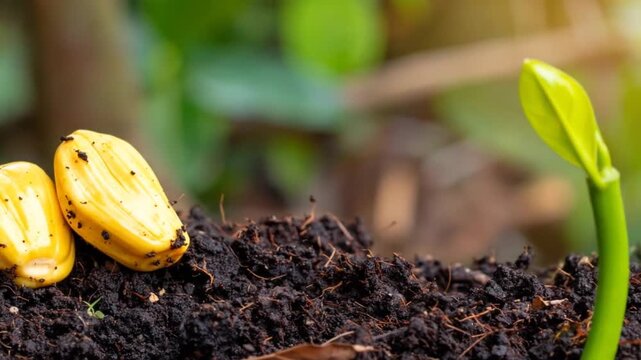Two Halves of Jackfruit on Dark Soil Against a Lush Green Backdrop with Bright Sunlight Accentuating the Freshness and Natural Texture