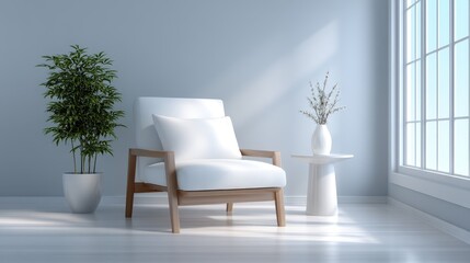 Minimalist living room featuring a stylish white armchair and decorative plants.