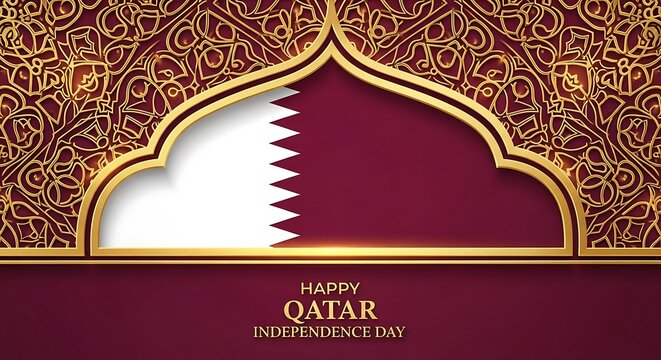 Happy Qatar Independence Day Celebration with Arabic Cultural Ornament - Powered by Adobe