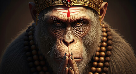 Majestic monkey deity portrait, embodying wisdom, power, and serene contemplation with beaded
