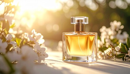 Perfume On A Beige Background In The Rays Of Bright Sun With Beautiful Highlights.