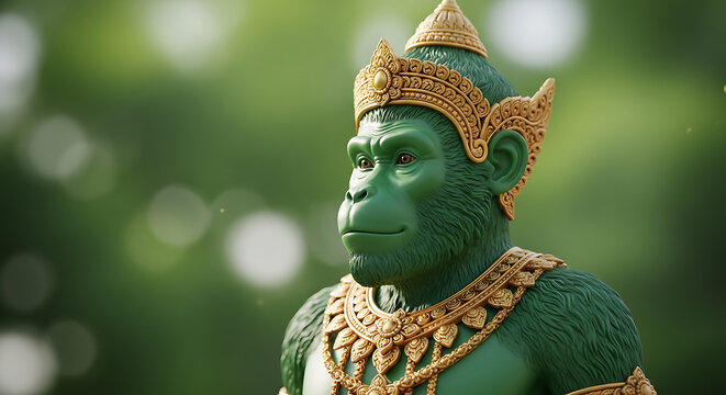 Emerald primate monarch: A fantastical monkey deity in jeweled regalia amidst verdant foliage