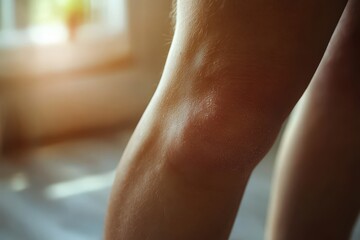Naklejka premium Close-up View of a Human Knee Joint with Natural Light Highlighting Subtle Details and Textures, Symbolizing Movement and Mobility in Everyday Life
