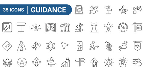 Guidance line icon set. Includes direction, navigation, advice, support, and decision-making. Editable stroke. Vector illustration