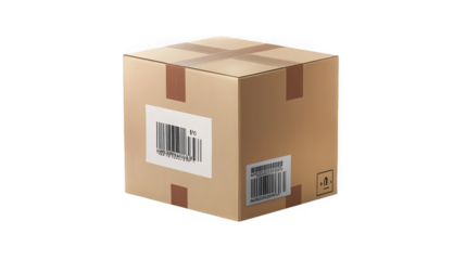 Cardboard shipping box with barcode labels for logistics and delivery on transparent background