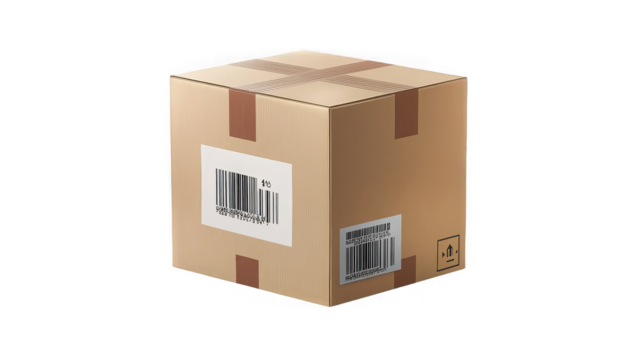 Cardboard shipping box with barcode labels for logistics and delivery on transparent background