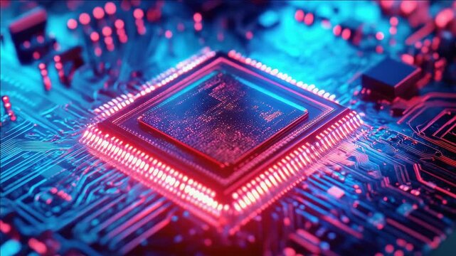 Illuminated computer circuit board with central processing unit glowing in red and blue. High-tech concept.