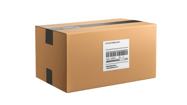 Sealed cardboard box with shipping label, delivery and logistics on transparent background