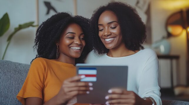 Smiling woman holding credit card and shopping online with sister on tablet pc at home