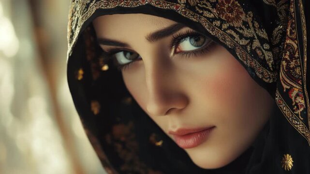 Portrait of a modestly dressed woman, possibly during Ramadan, conveying a sense of introspection and faith.