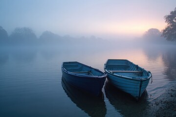 Obraz premium Two Blue Rowboats on Misty Lake at Sunrise, Serene Landscape