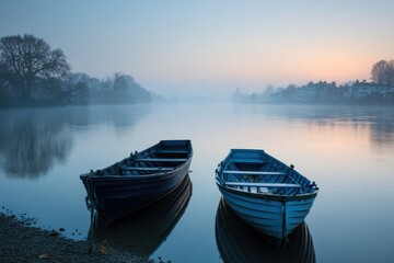 Fototapeta premium Two Rowboats on Calm River at Dawn with Foggy Background and Reflections