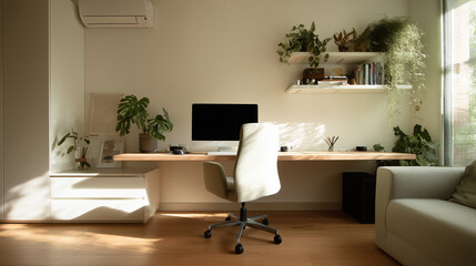Oficina doméstica minimal: escritorio flotante, monitor, planta