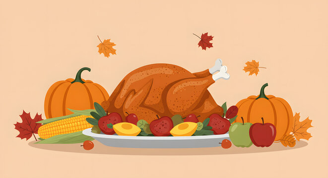 Seamless Thanksgiving Feast Pattern – Turkey, Pumpkins, Corn, Apples, and Fall Leaves Illustration
