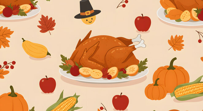 Seamless Thanksgiving Feast Pattern – Turkey, Pumpkins, Corn, Apples, and Fall Leaves Illustration