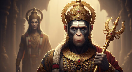 Golden deity primate lord portrait with divine weapon in ancient mystical light