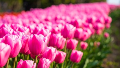 A vibrant field of pink tulips.