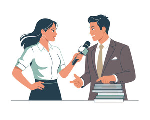 Female journalist with a microphone interviews a male author, clean vector illustration.