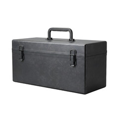 Gray textured toolbox with metal latches and a sturdy handle angled view.