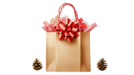 Festive shopping bag with red bow and pinecones, holiday cheer on transparent background