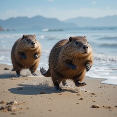 beavers running on the beach

